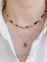 Rainbow Heart Tourmaline and Rhodochrosite Gemstone Necklace Set - Shine by Evelyn - C0640S